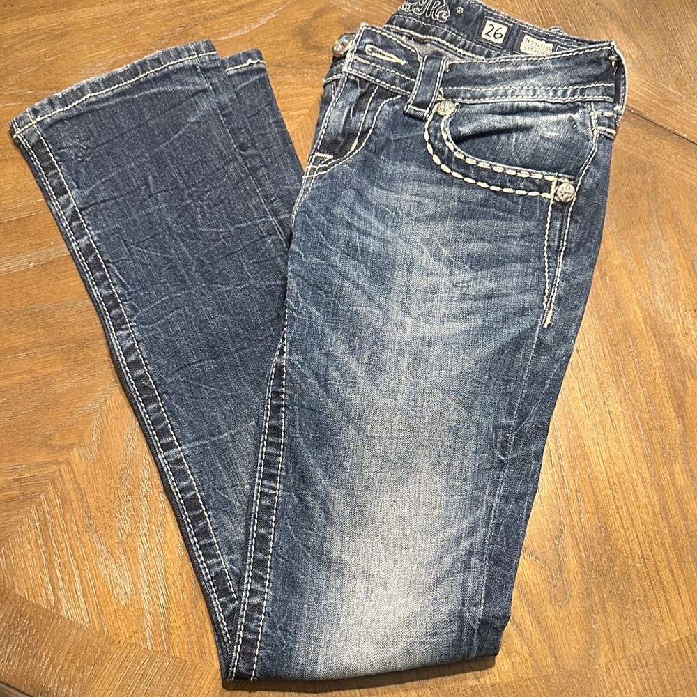 Miss Me Indigo Straight Leg Jeans with Contrast Stitching